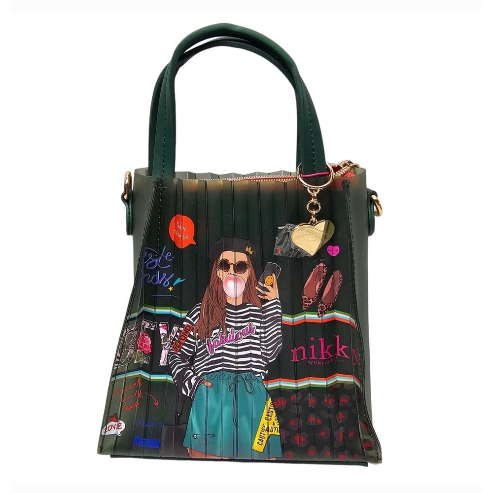 Nikky By Nicole Lee Say Cheese Purse Graphic Print Trendy Girl Cross Body Green